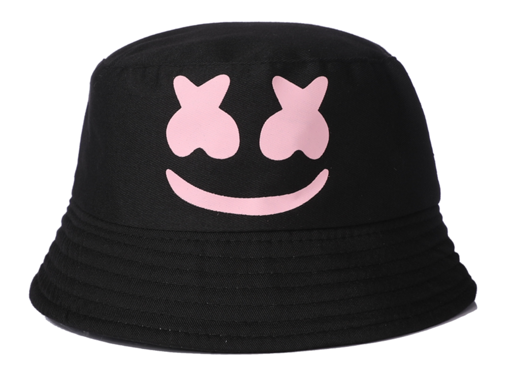 Black Bucket Hat with Pink Cross Eyes